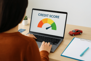 A woman with long brown hair, seen from behind, sitting at a wooden desk and analyzing her credit score on a laptop screen. The screen shows a credit score gauge in the green zone. Around her are a blue credit card, a small red toy car, and a potted plant, all in a bright, minimalistic setting.