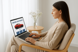 Young woman with long brown hair sitting in a minimalist room, browsing an online car finance website on her laptop with a red car displayed on the screen.