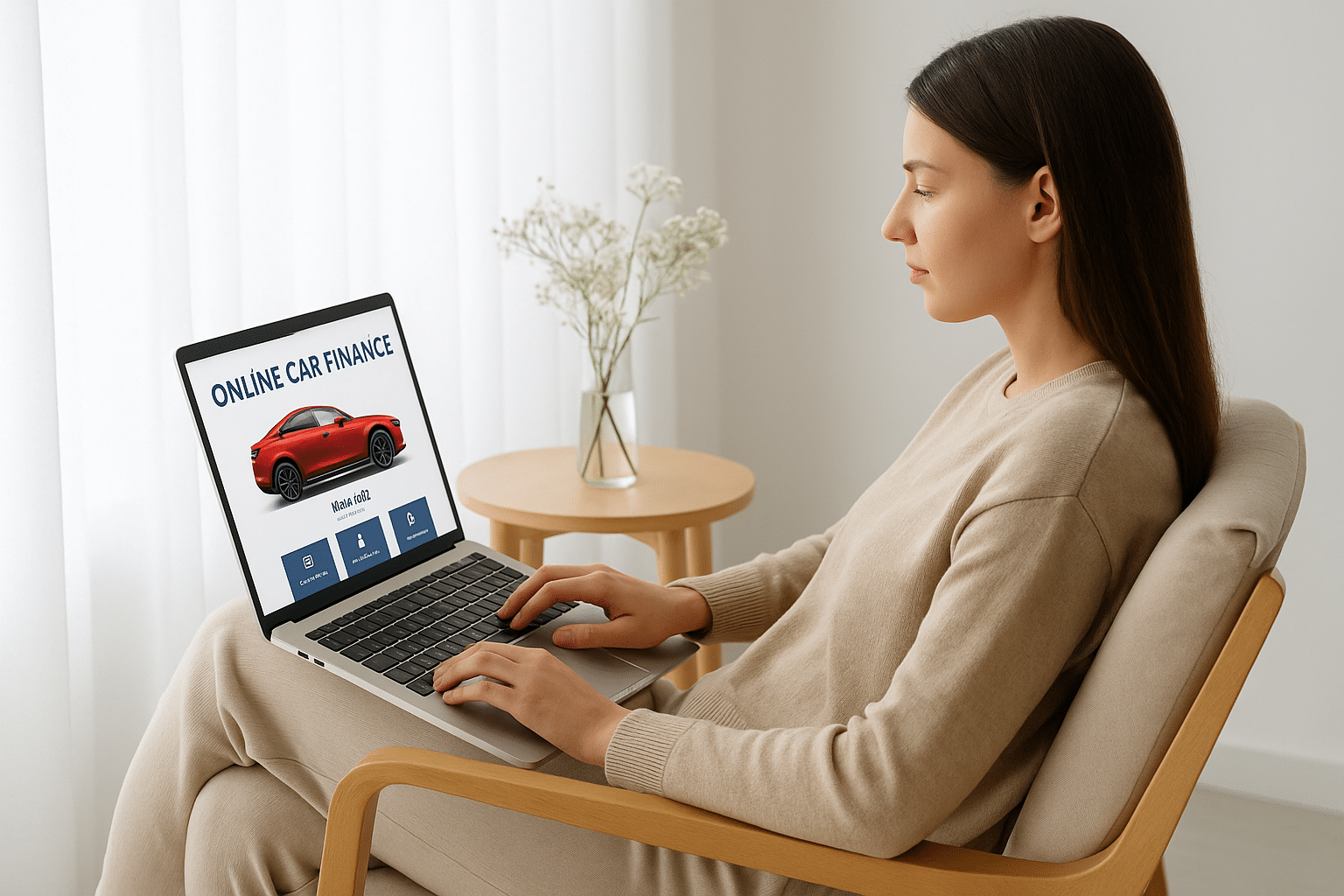 Young woman with long brown hair sitting in a minimalist room, browsing an online car finance website on her laptop with a red car displayed on the screen.