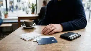 Close-up of a person at a cafe table with a credit card, wallet, receipts, and a coffee mug.