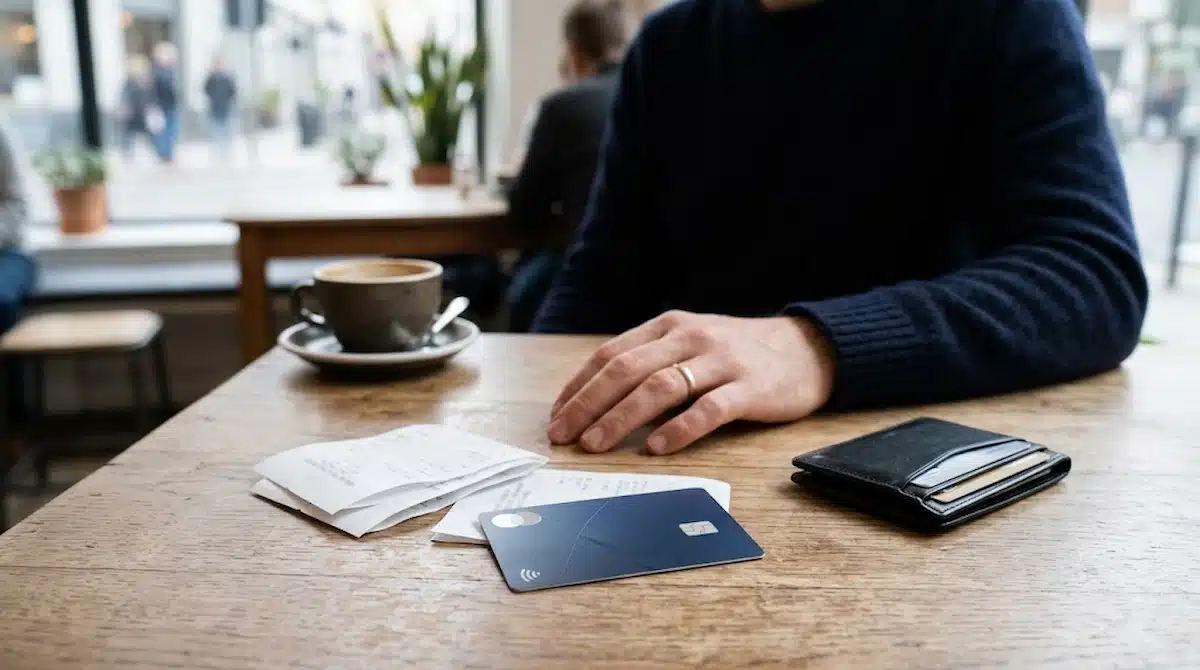 Close-up of a person at a cafe table with a credit card, wallet, receipts, and a coffee mug.