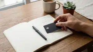 Hands holding a black card above an open notebook next to a stack of journals and coffee.