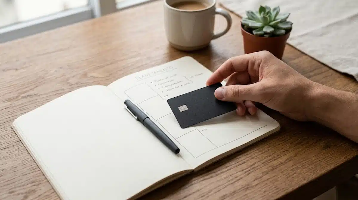 Hands holding a black card above an open notebook next to a stack of journals and coffee.