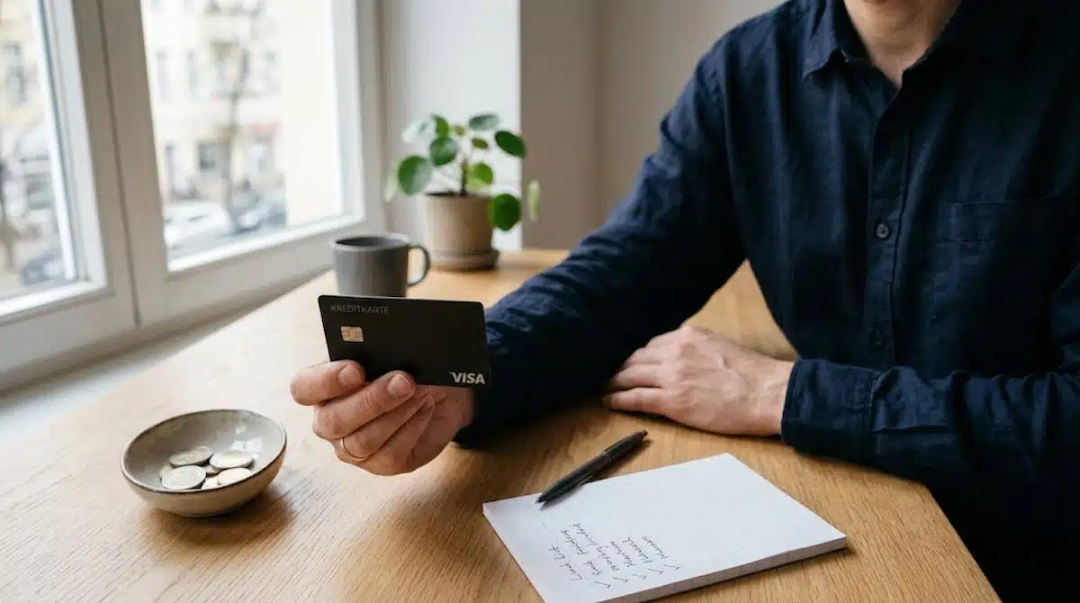 Man holding a black Visa credit card above a table with a checklist notepad and a coin bowl.