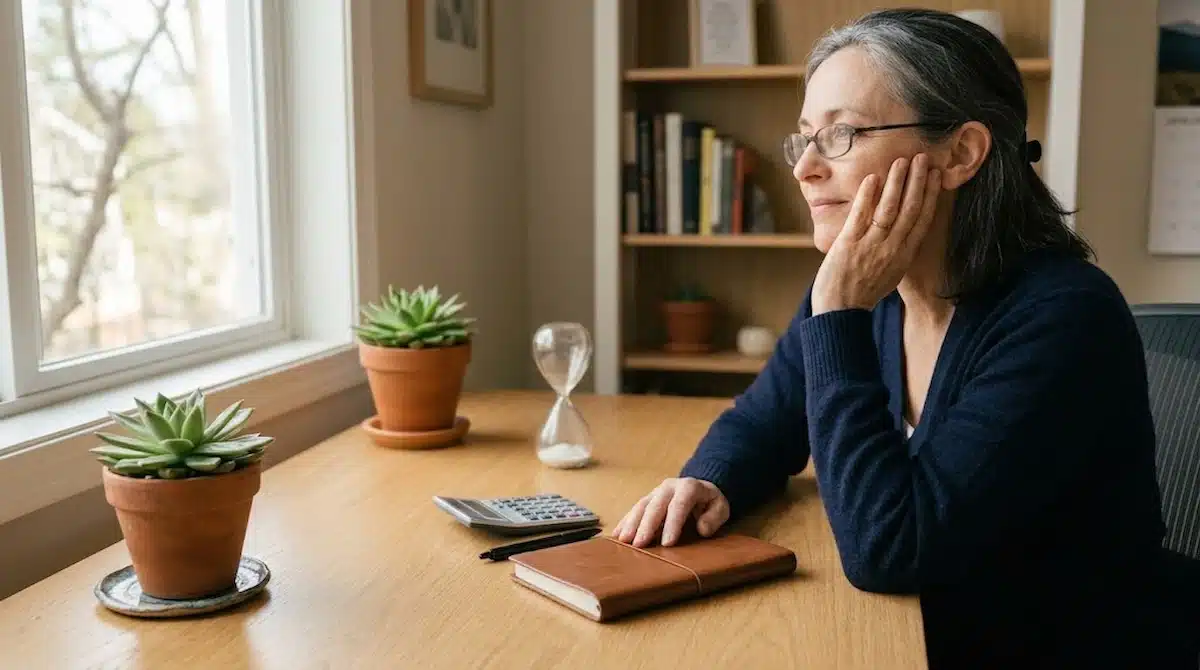 Middle-aged woman with glasses sitting at a desk, resting her face on her hand and looking away.
