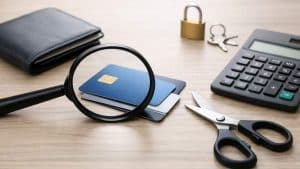 Magnifying glass over credit cards, wallet, scissors, padlock with keys, and calculator on wooden table.