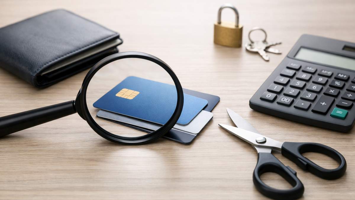 Magnifying glass over credit cards, wallet, scissors, padlock with keys, and calculator on wooden table.