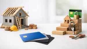 Miniature house under construction with credit cards, locks, keys, coins, and wooden blocks on white surface