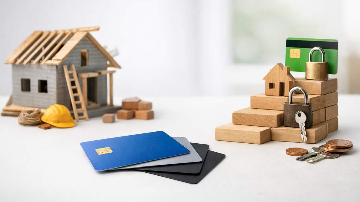 Miniature house under construction with credit cards, locks, keys, coins, and wooden blocks on white surface