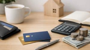 Wooden desk with credit cards, pen, calculator, cash, coins, wallet, coffee cup, notebook, and wooden house model.