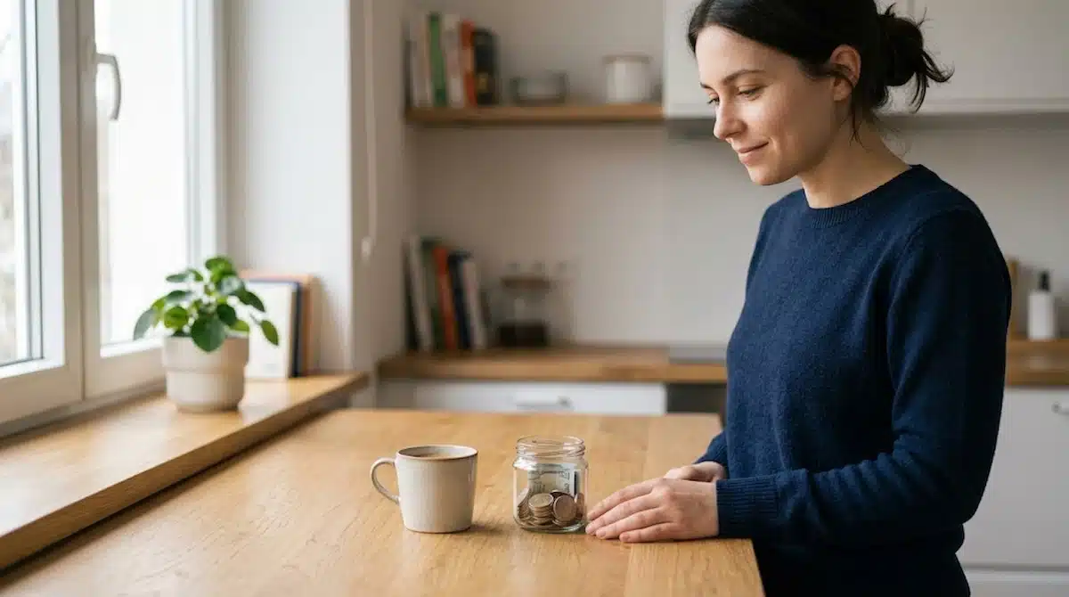 A young woman wearing a dark blue sweater stands by a wooden counter in a bright kitchen, looking thoughtfully at a small glass jar filled with coins and cash placed next to a ceramic coffee cup. In the top left corner, the overlay text reads: "Personal finances and everyday choices: how small decisions shape financial stability."