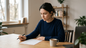 A young woman in a blue sweater sits at a wooden table, writing on a blank sheet of paper with a black pen. A mug of coffee and a laptop are on the table next to her, and bookshelves are visible in the background through a window.