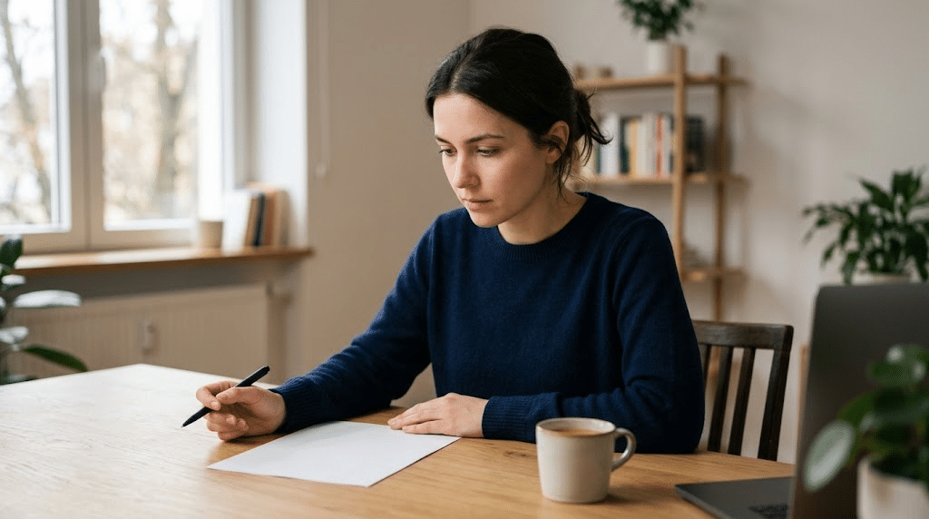 A young woman in a blue sweater sits at a wooden table, writing on a blank sheet of paper with a black pen. A mug of coffee and a laptop are on the table next to her, and bookshelves are visible in the background through a window.