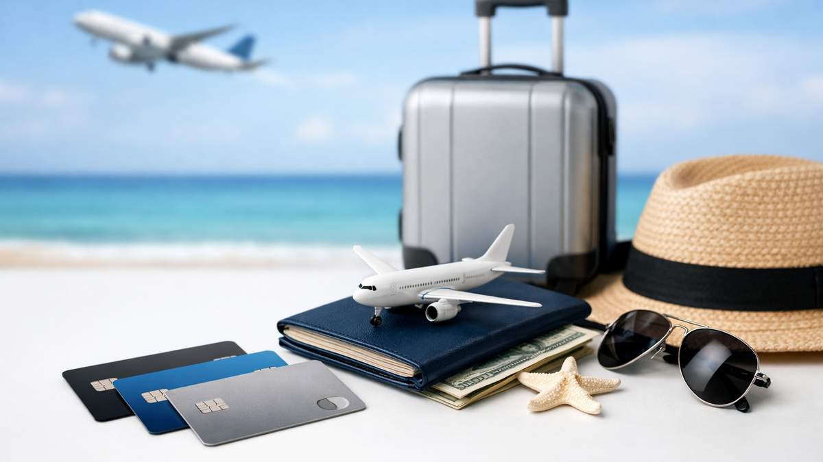 Toy airplane on passport with credit cards, money, sunglasses, hat, suitcase, and airplane flying over ocean background